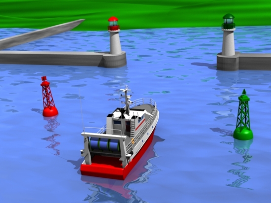 navire de pêche entrant au port entre un marque latérale babord à gauche et une marque latérale tribord à droite